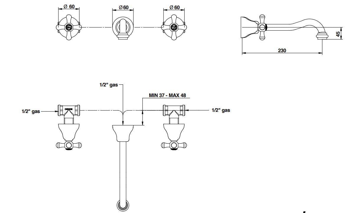 built-in three hole basin mixer 230mm spout dimensions chart Bongio Axel