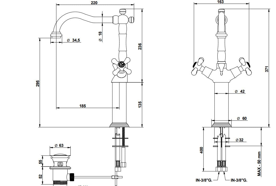 single hole swivel basin mixer 135mm extension dimensions chart Bongio Axel