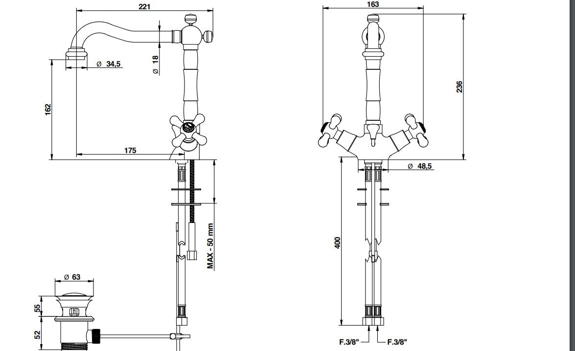 single hole basin mixer with swivel spout dimensions chart Bongio Axel