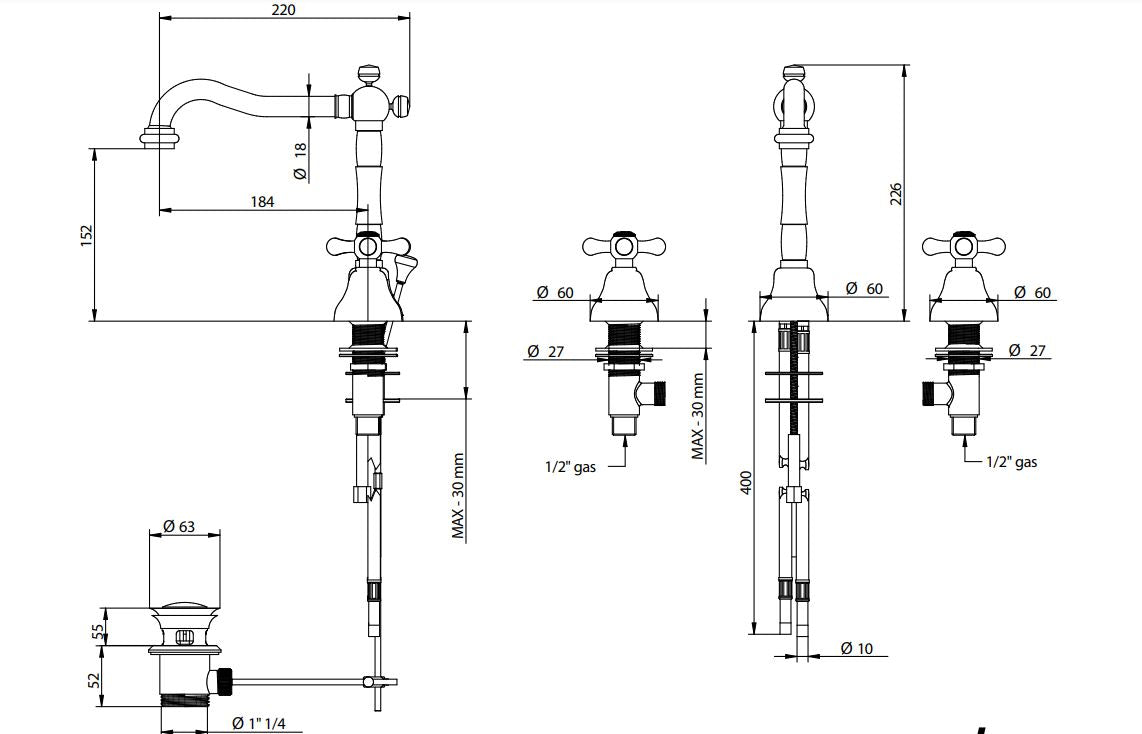 three holes basin mixer dimensions chart Bongio Axel