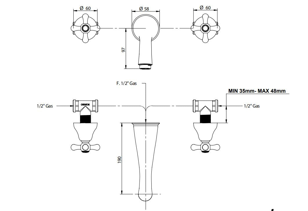 wall mounted basin mixer 190mm spout dimensions chart Bongio Axel