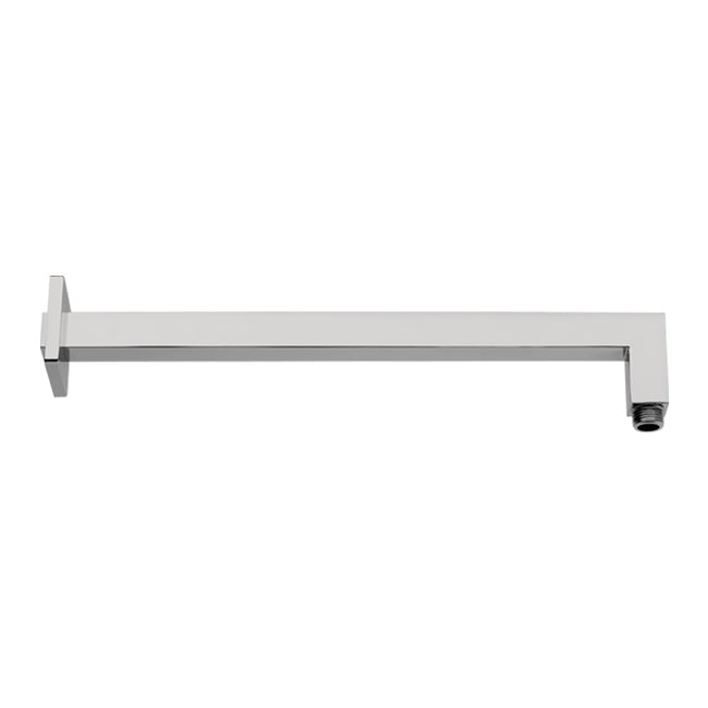 Square shower arm with a metallic finish, presumably made of stainless steel or a similar alloy, with a visible screw for mounting.