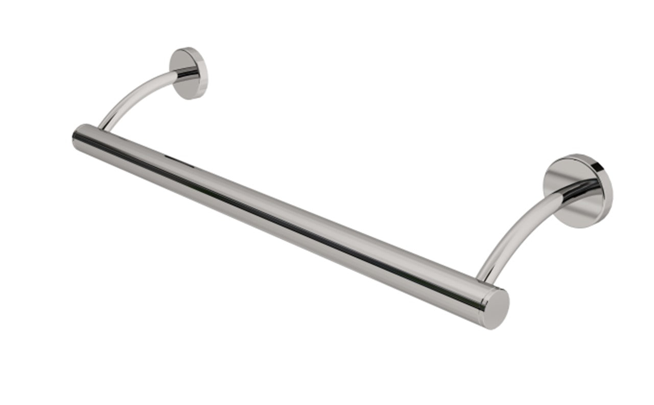 A silver towel rack with a simple design, featuring two curved supports on each end.