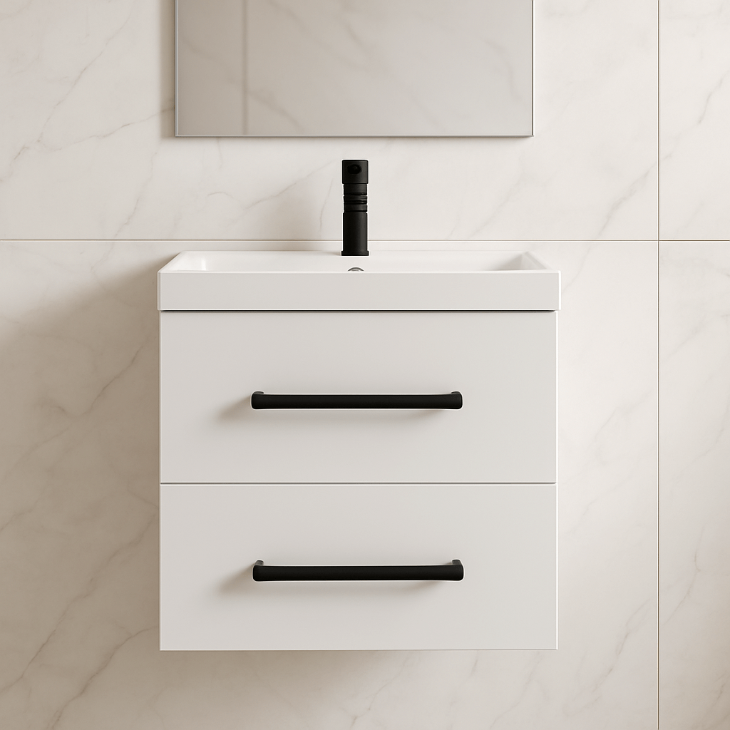 Installed view of the best bathroom cabinet price unit with white countertop, black fixtures, and mirror on tile wall.