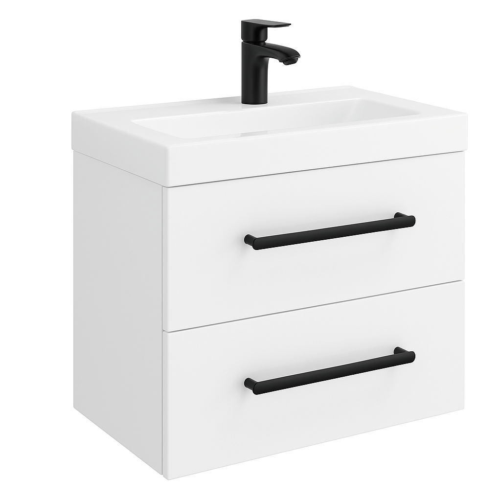 White bathroom cabinet unit with black handles and faucet on a white background