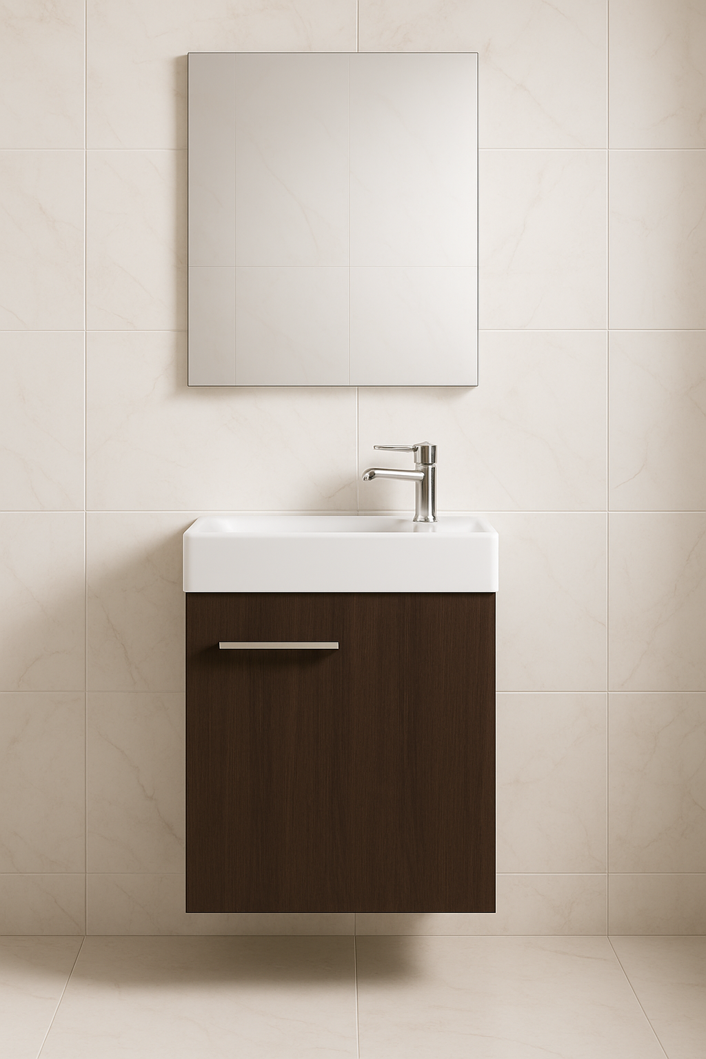 Bathroom vanity cabinet with white and mirror on beige tiled wall Modern Wooden Bathroom Vanity Cabinet by Sardars