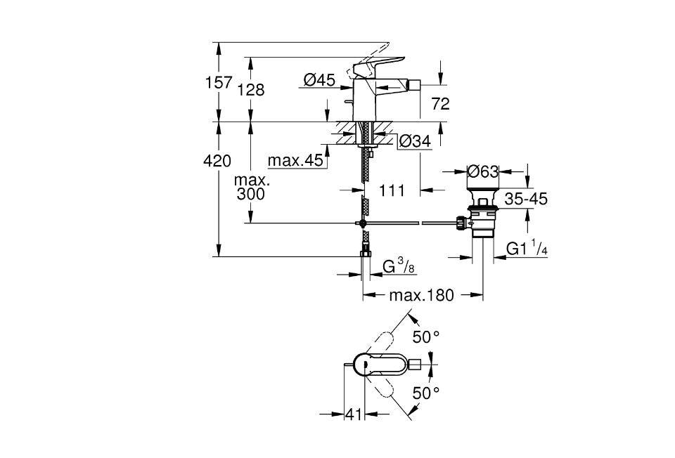 Grohe BauEdge bidet mixer technical dimensions chart