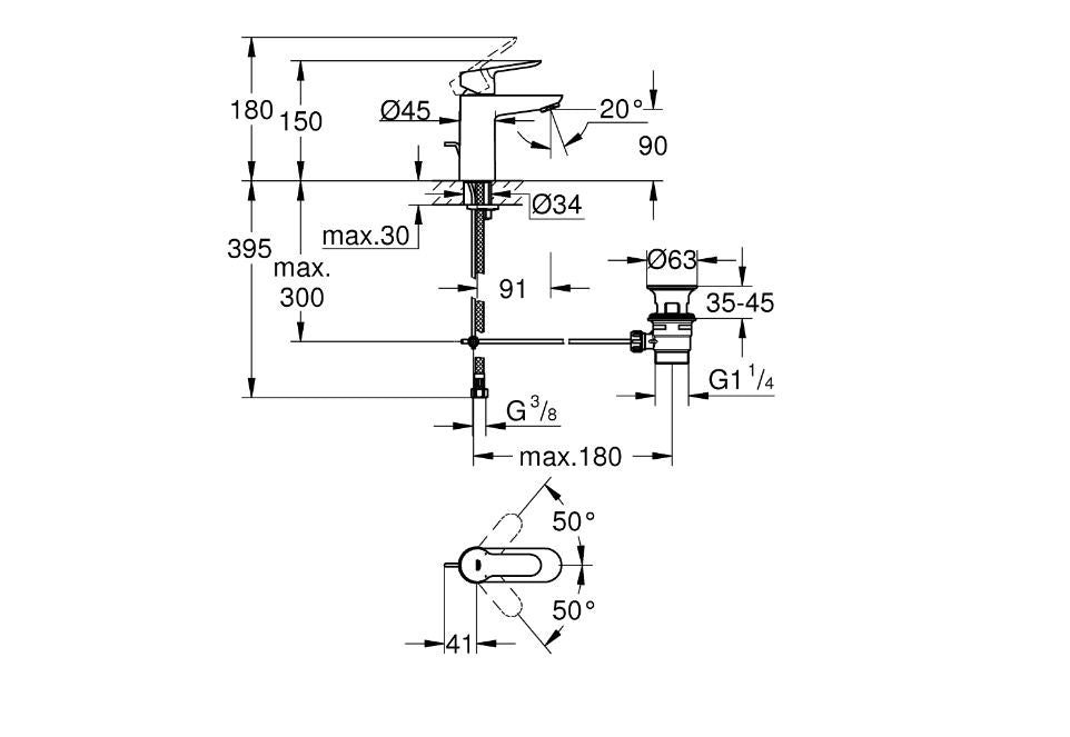 Grohe BauEdge single lever basin mixer technical dimensions chart