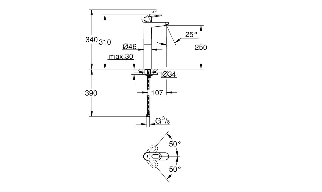 Grohe Bauloop long height basin mixer technical dimensions chart