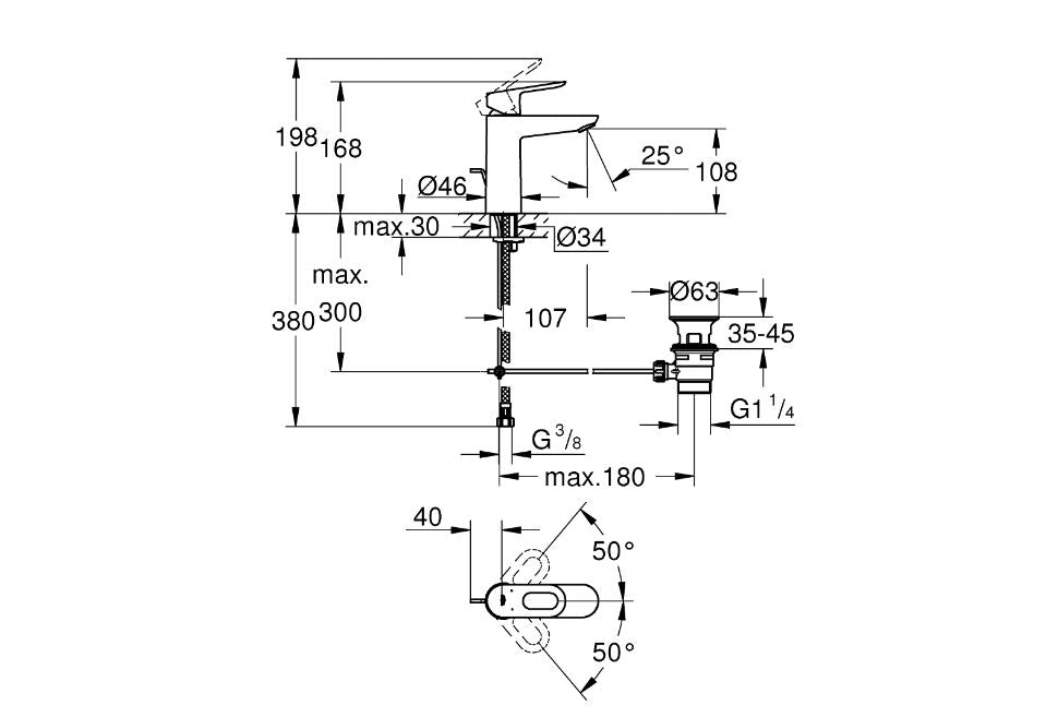 Grohe Bauloop single lever basin mixer technical dimensions chart