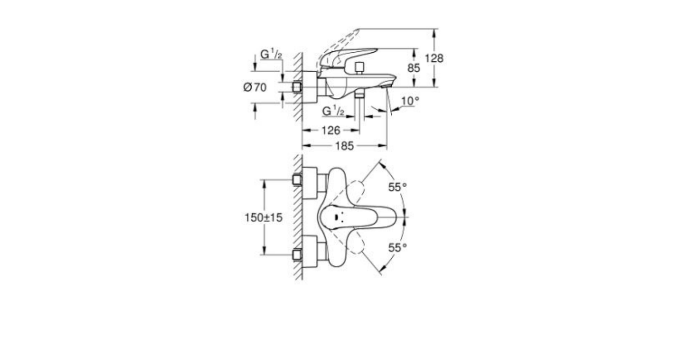 Grohe Bauloop single lever bath mixer technical dimensions chart