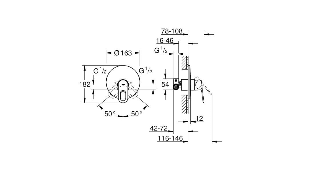 Grohe Bauloop single way shower mixer technical dimensions chart