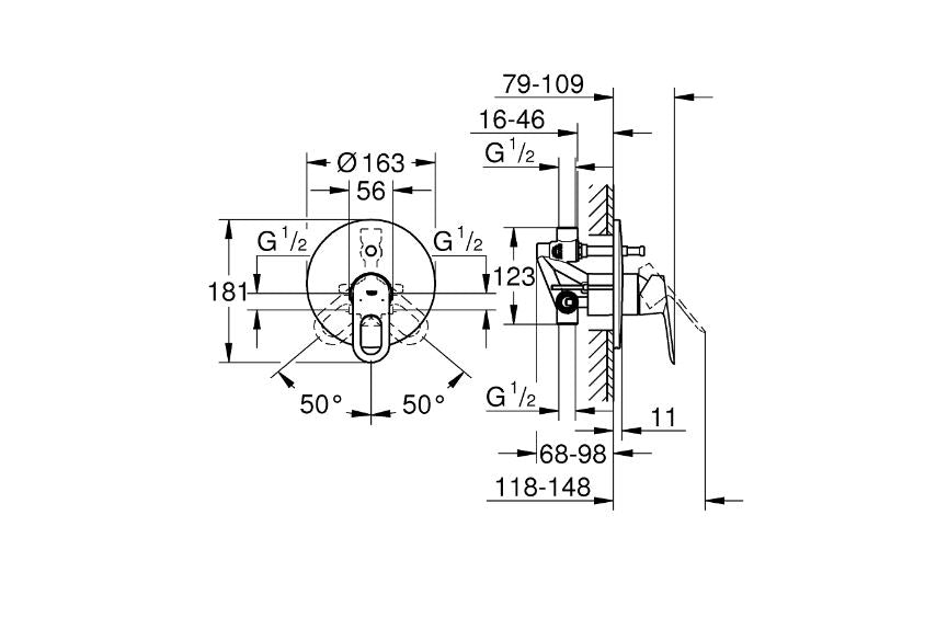 Grohe Bauloop two way shower mixer technical dimensions chart