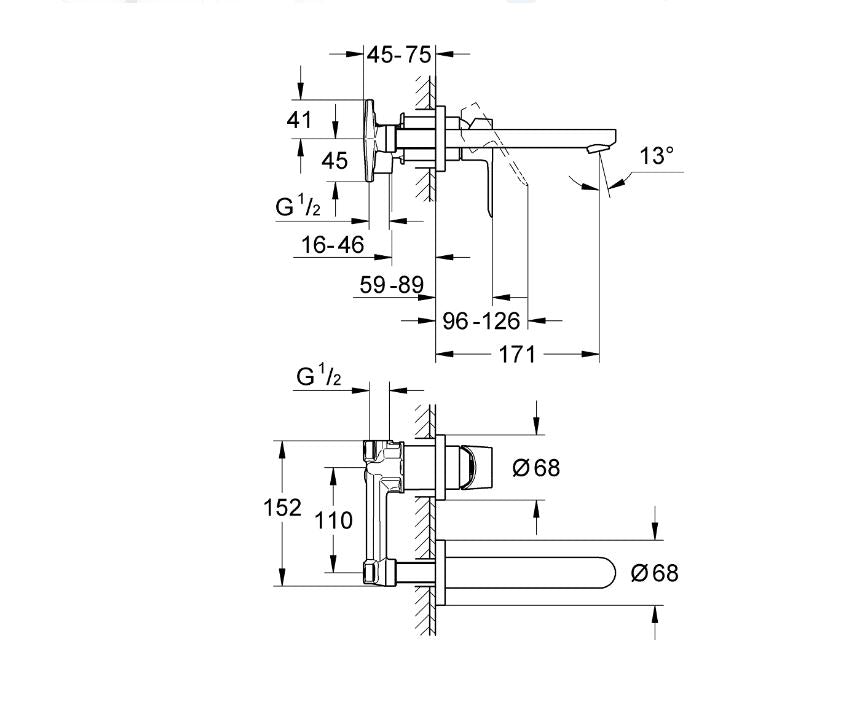 Grohe Bauloop wall mount basin mixer technical dimensions chart