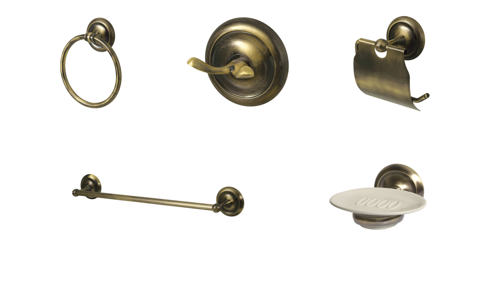 A set of five bronze bathroom accessories including a towel ring, robe hook, toilet paper holder, towel bar, and a soap dish.