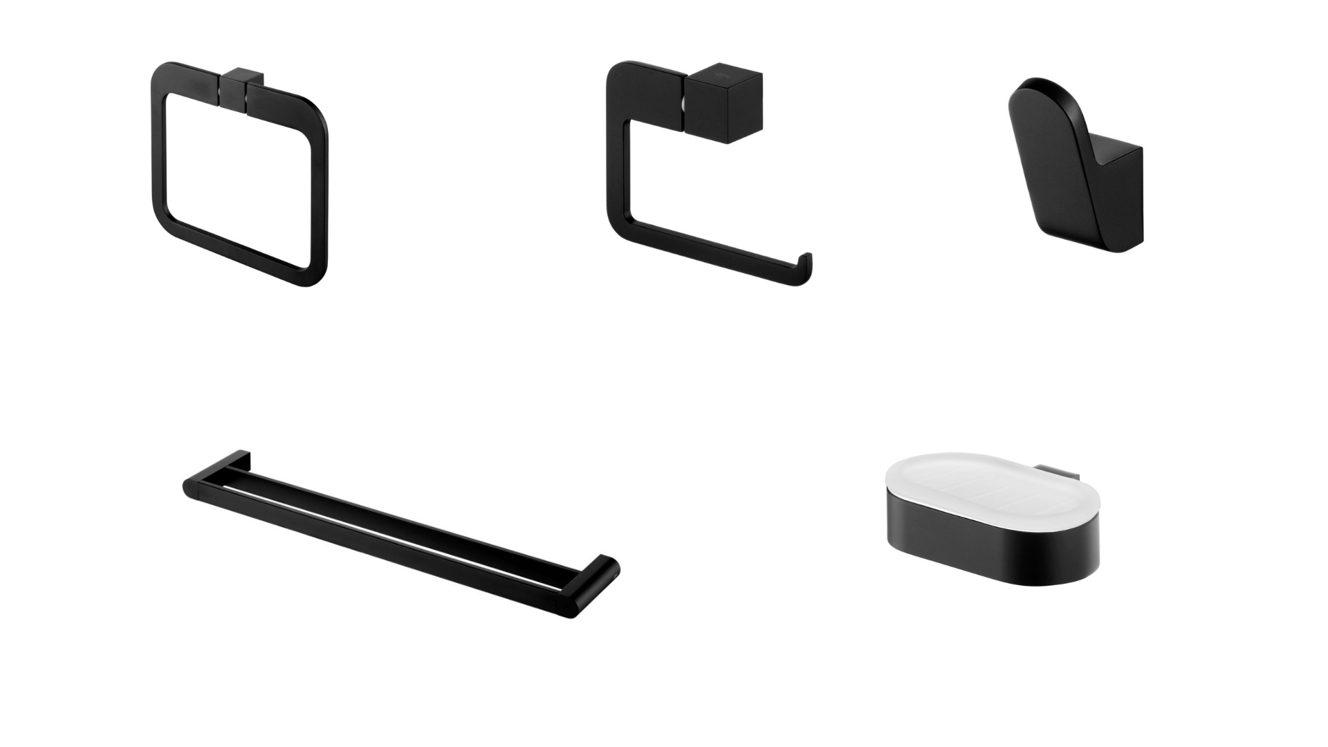 A set of black bathroom accessories including a towel ring, toilet paper holder, robe hook, towel bar, and soap dispenser.