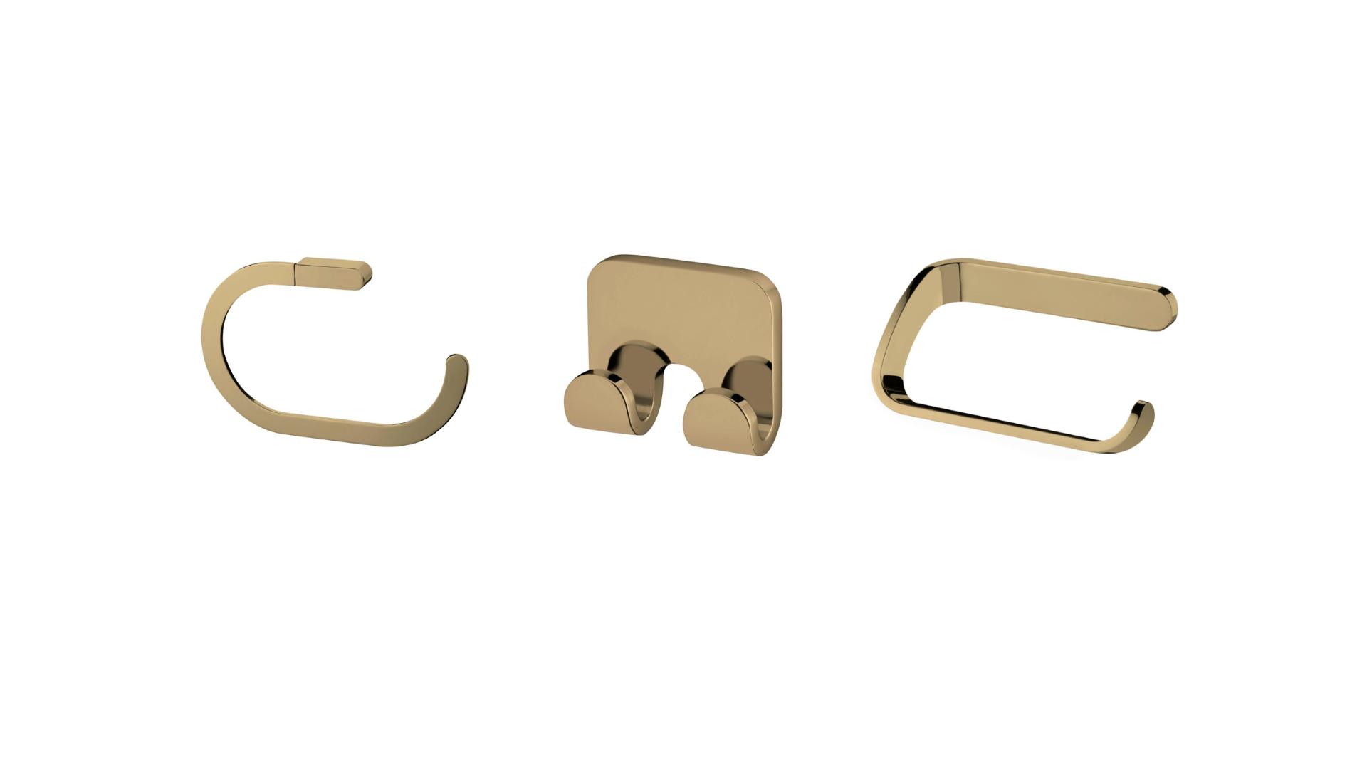 A set of gold-colored bathroom accessories, including a robe hook and towel rings.