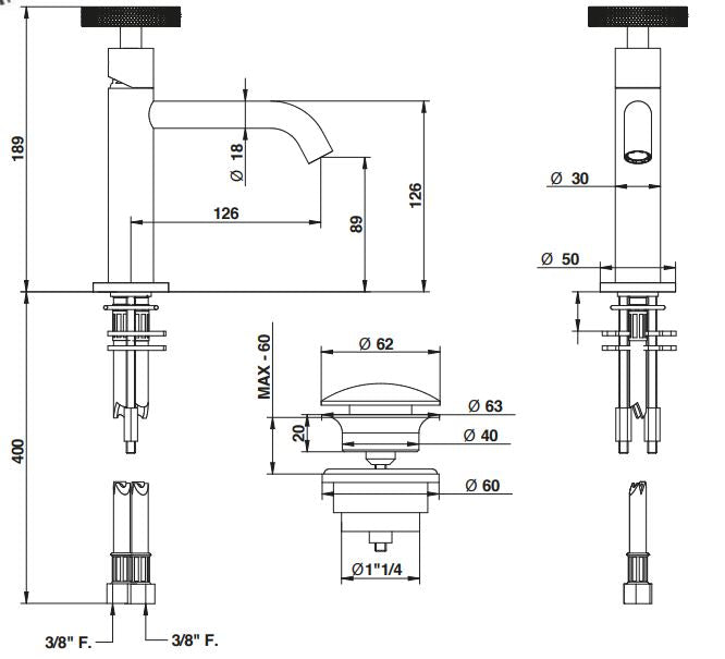 Italian basin mixer dimensions chart Bongio Bowling