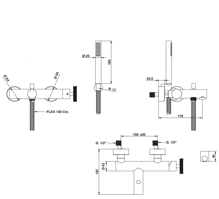 Italian bath and shower mixer dimensions chart Bongio Bowling