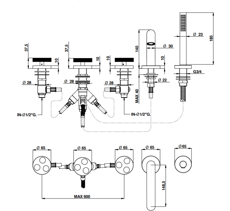 Bath and Shower Faucet dimensions chart Bongio Bowling