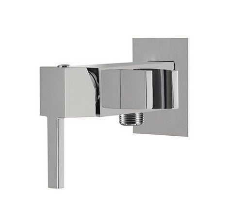 A chrome brass toilet shower mixer with a built-in bracket, reflecting light on its metallic surface.