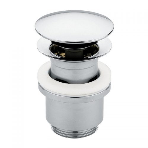 A round brass clicker waste for a toilet tank, displaying a shiny metallic finish.