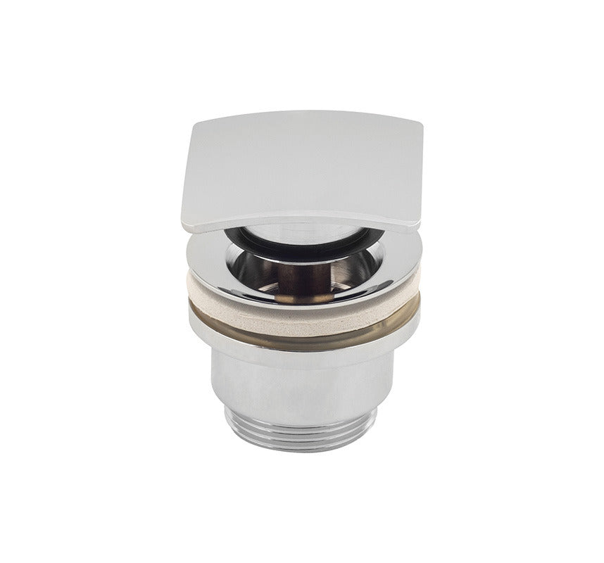 A silver-colored square brass clicker waste for plumbing fixtures.