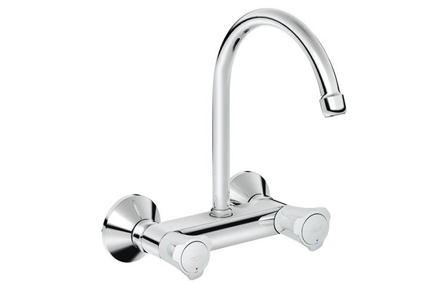 Chrome-finished wall-mounted sink mixer with a high arching spout and twin handles.