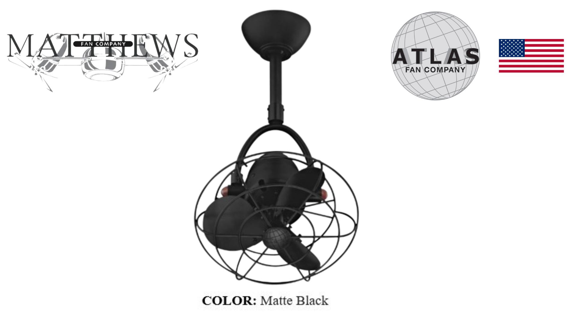 A matte black metal ceiling fan with a forward and reverse oscillation capability, designed by DIANE.