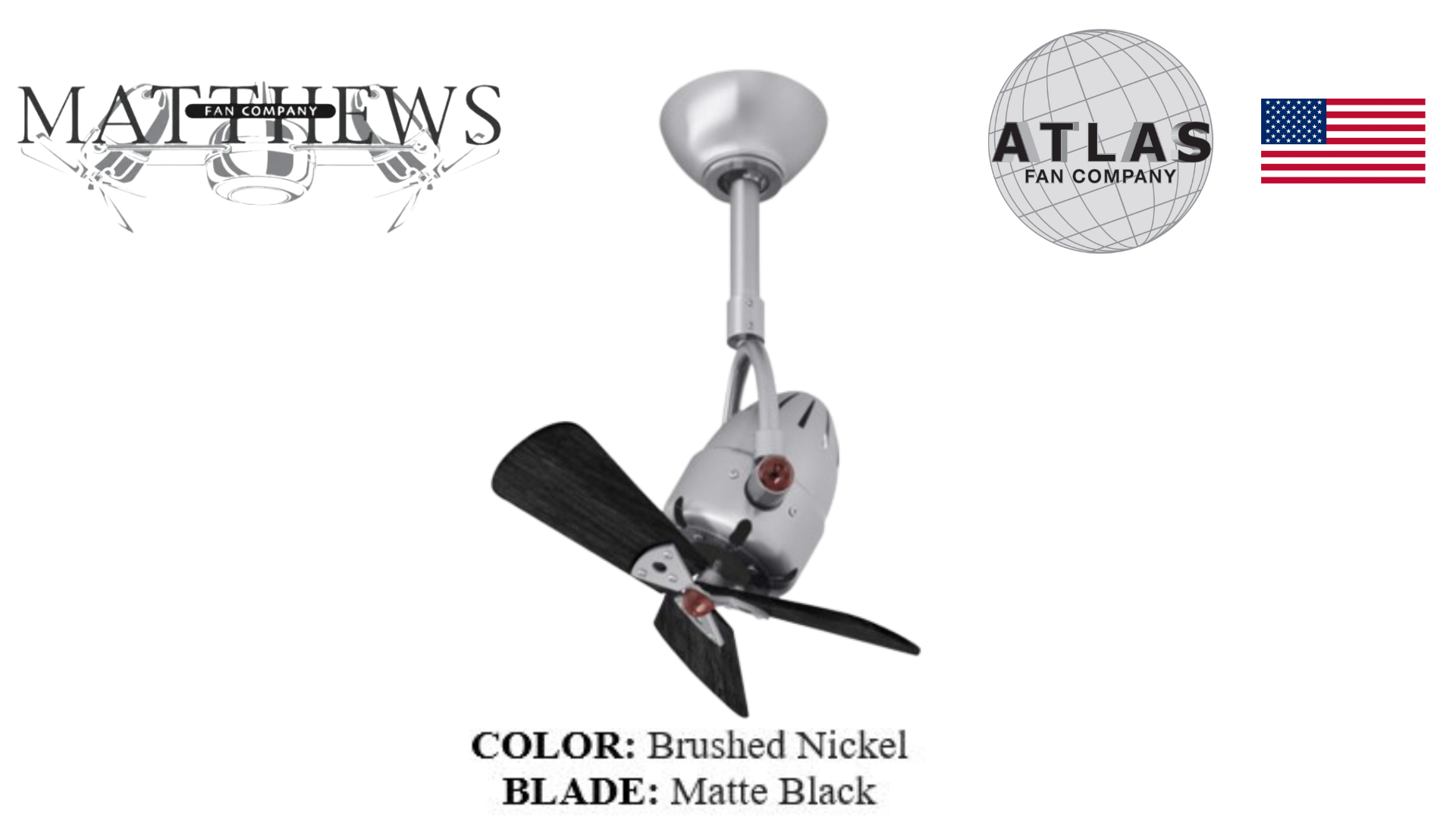 A Diane wood ceiling fan with a forward and reverse oscillation, featuring a brushed nickel body and matte black blades.
