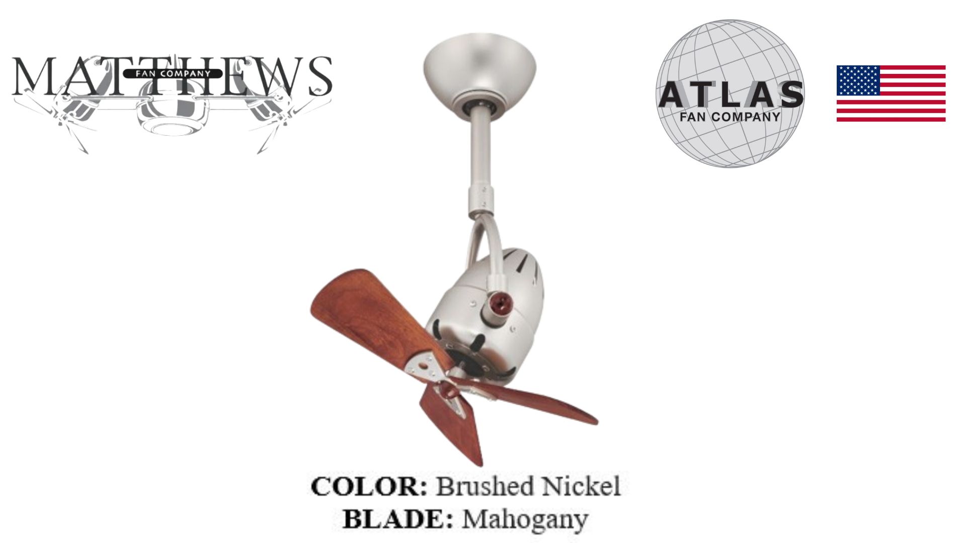 A Diane ceiling fan with a forward and reverse oscillation, featuring a brushed nickel body and matte black wood blades.