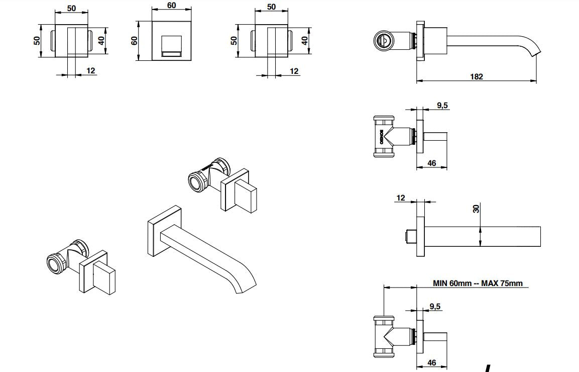 three hole basin group 180 mm spout dimensions chart Bongio Domino Q