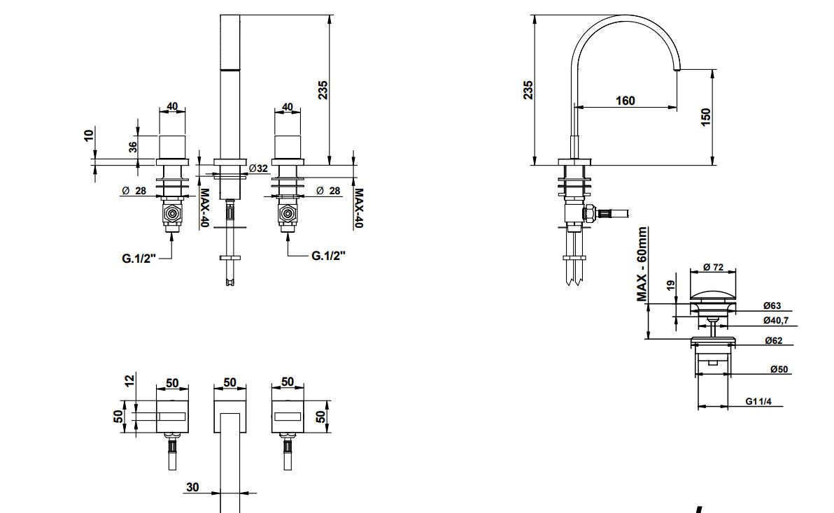 three hole basin mixer dimensions chart Bongio Domino Q