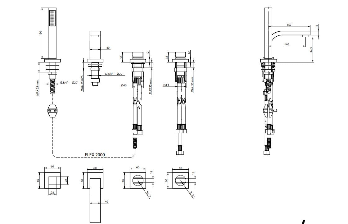 four hole bath mixer dimensions chart Bongio Domino Q