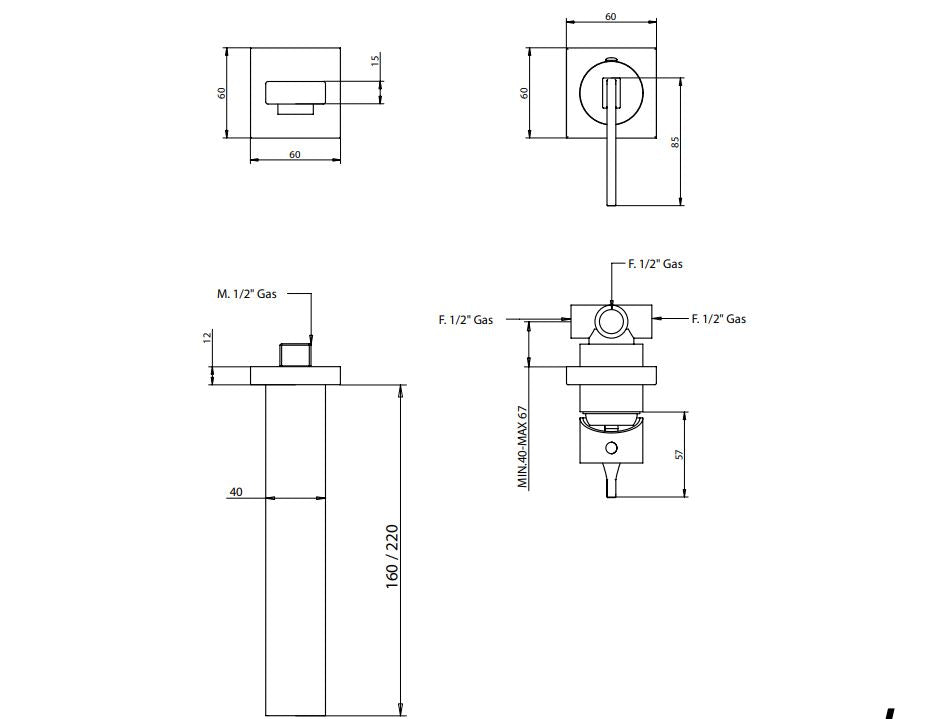 wall mounted basin mixer 160–220mm spout dimensions chart Bongio Domino Q
