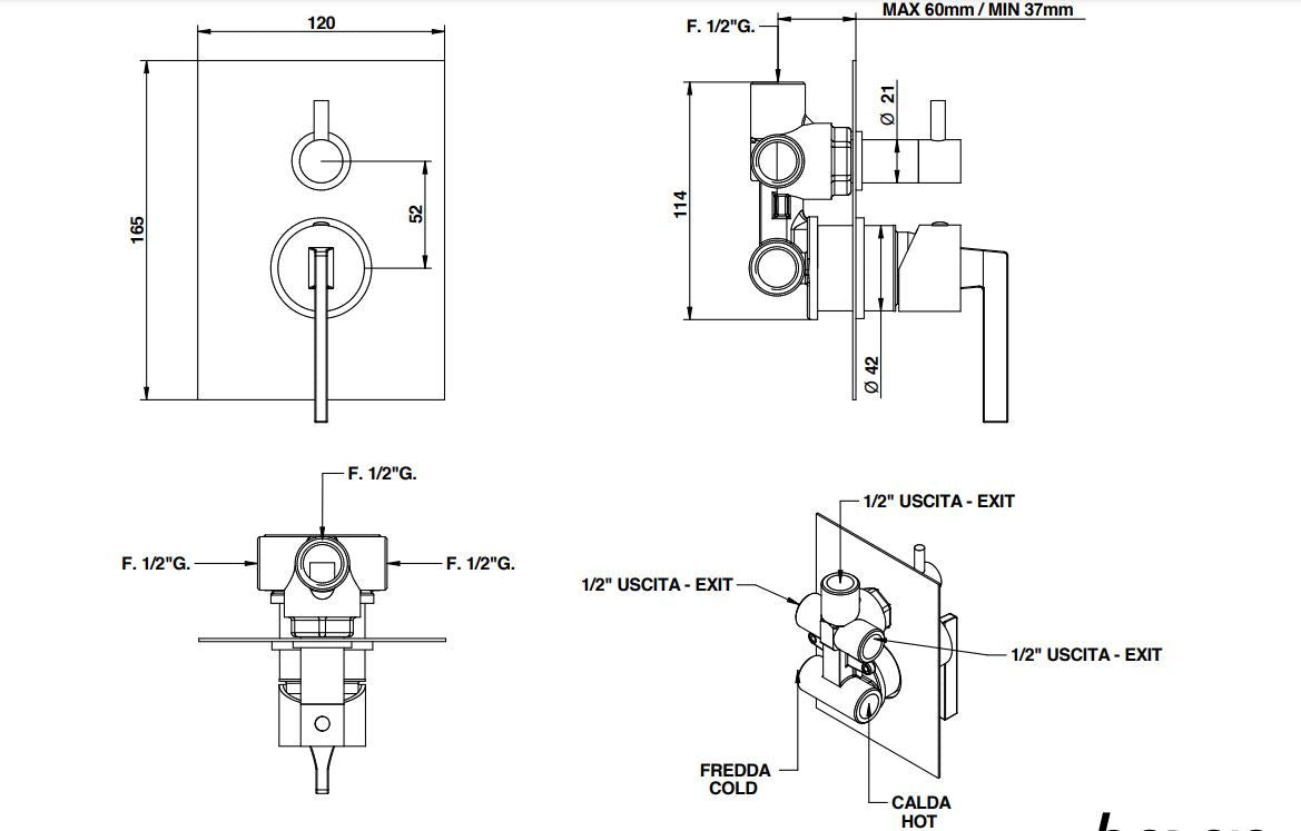 built-in shower mixer with diverter dimensions chart Bongio Domino Q