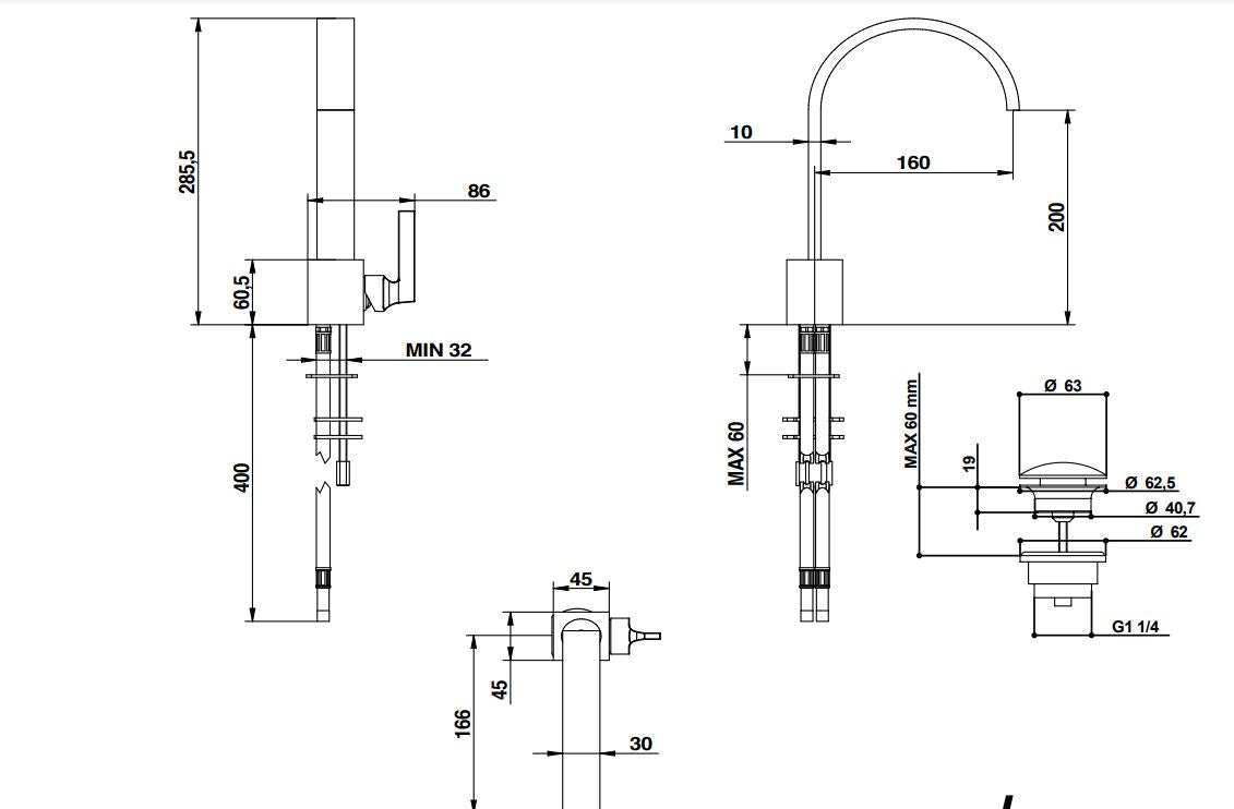 washbasin mixer tap dimensions chart Bongio Domino Q