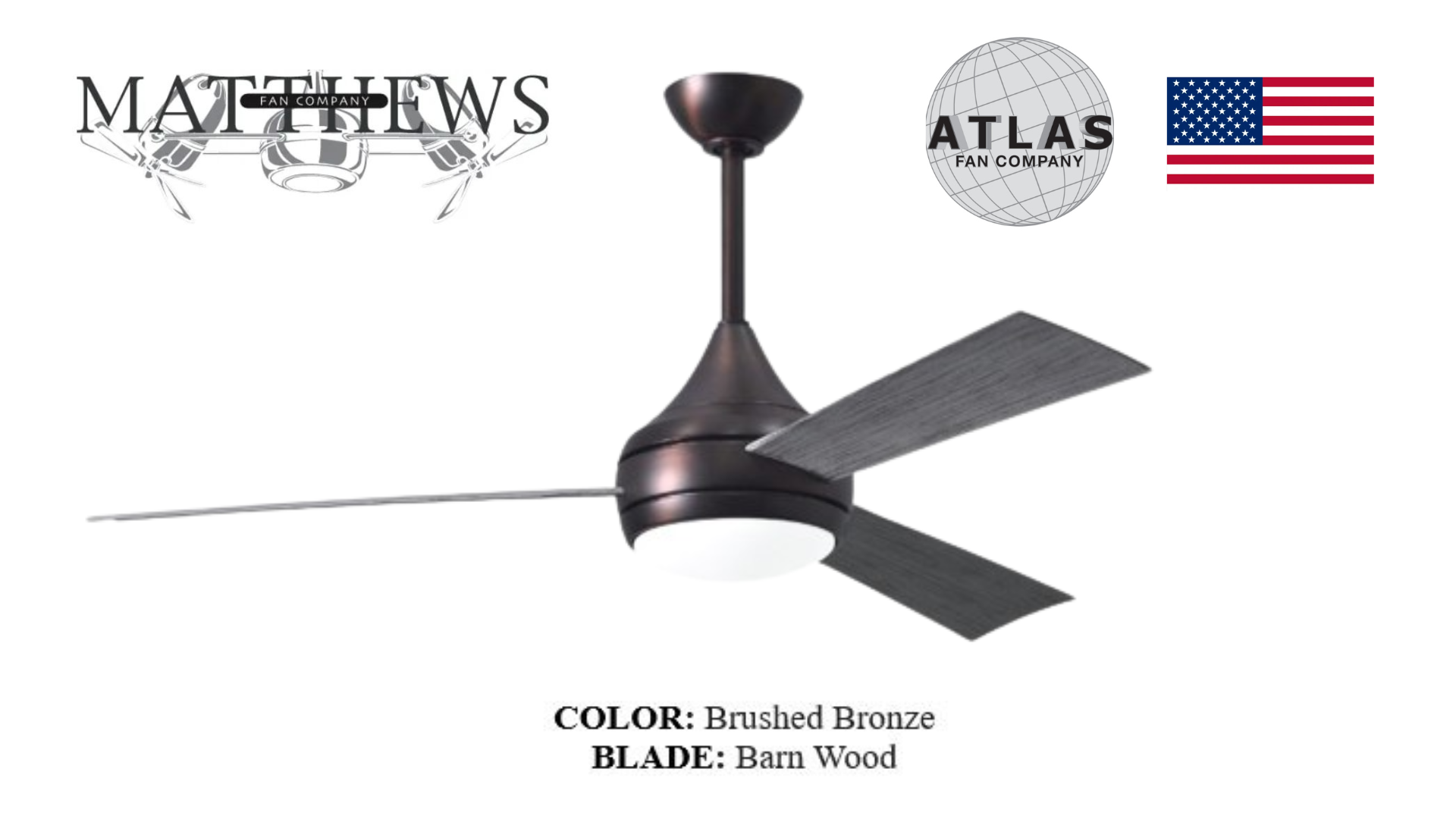 A Donaire brushed bronze Sardar ceiling fan with teardrop motor housing and blades, alongside brand and feature logos.