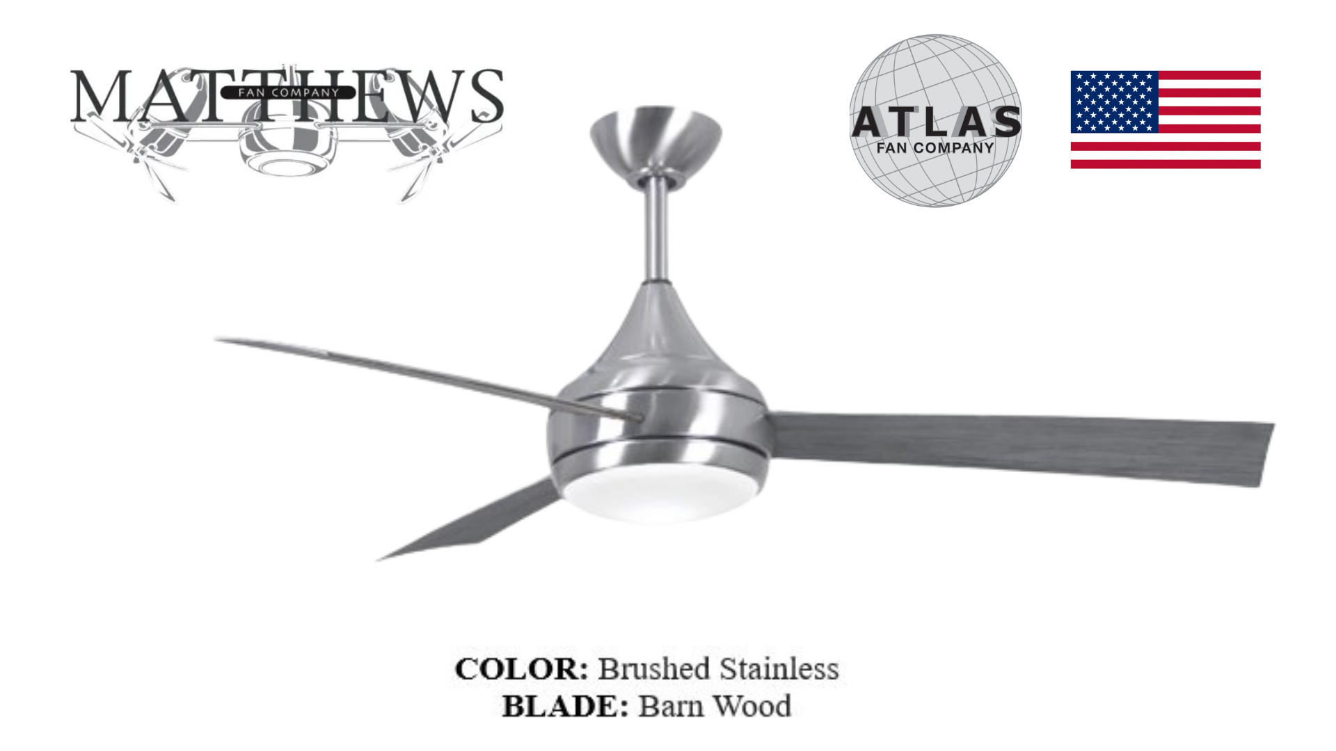 A ceiling fan with brushed stainless blades and bronze center, labeled with the Donaire brand and the Atlas logo, showing the fan in a transitional design style.