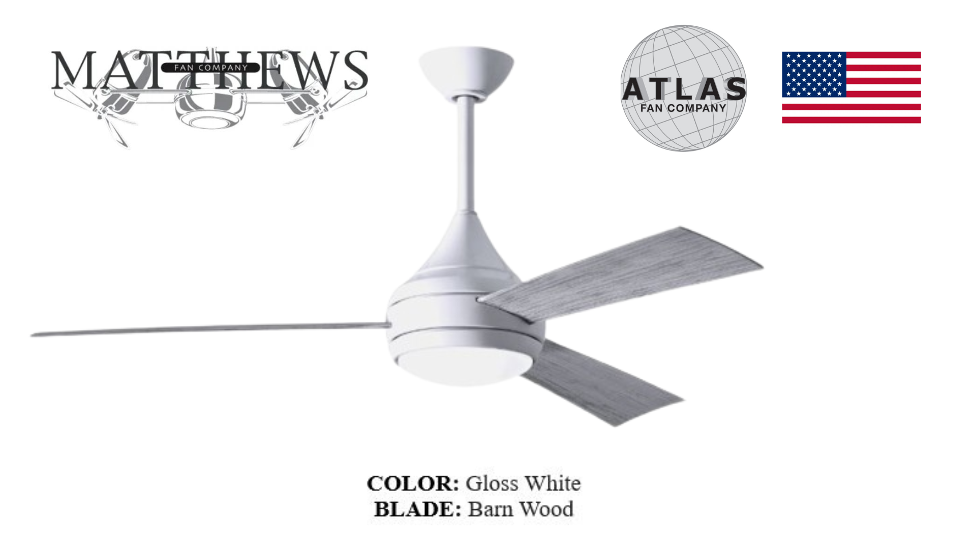 A gloss white ceiling fan with teardrop motor housing and LED light kit, branded by Donaire.