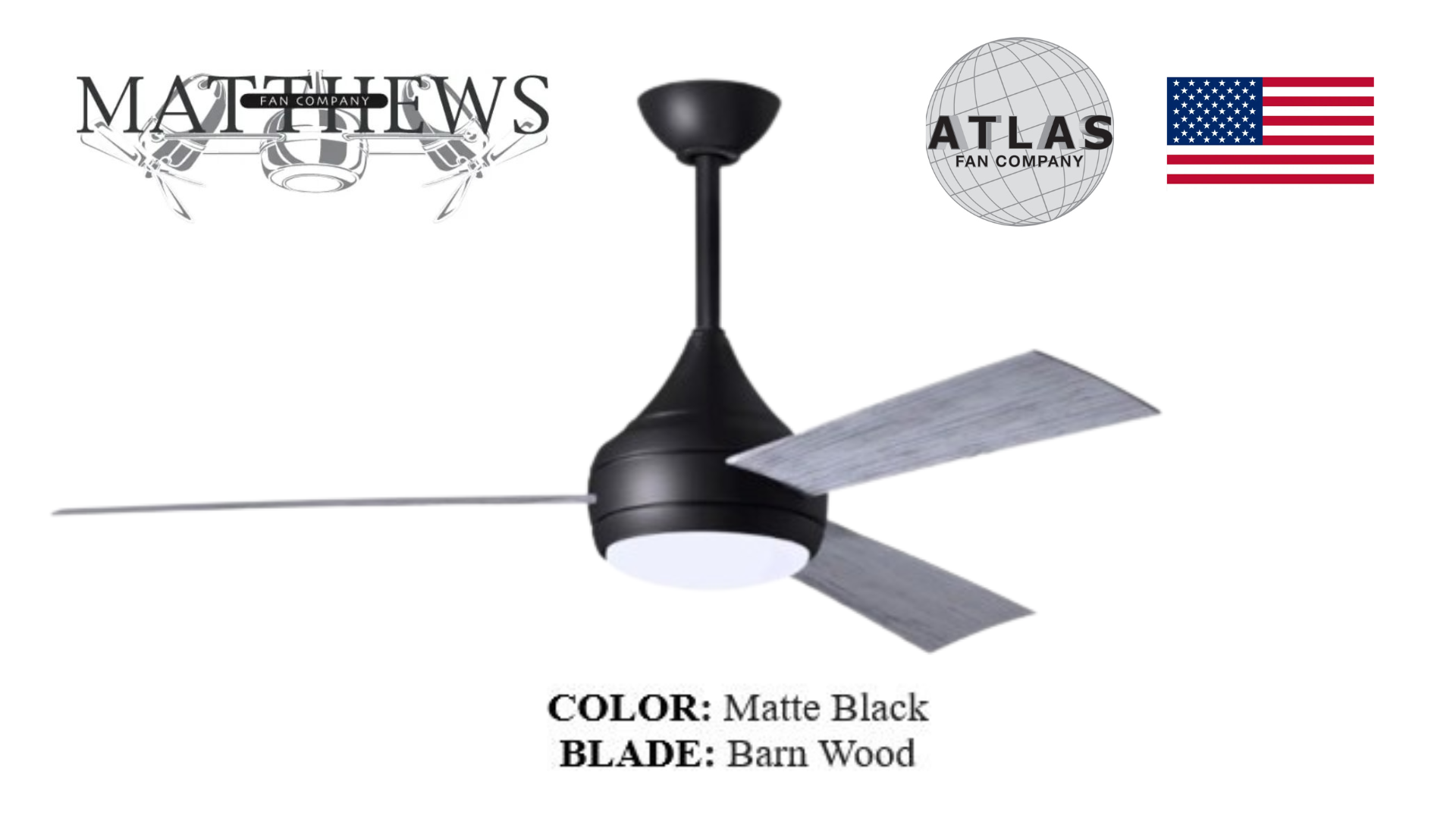 A matte black ceiling fan with teardrop motor housing and barn wood blades, featuring an LED light kit, from the brands Donaire and Matthews Atlas.