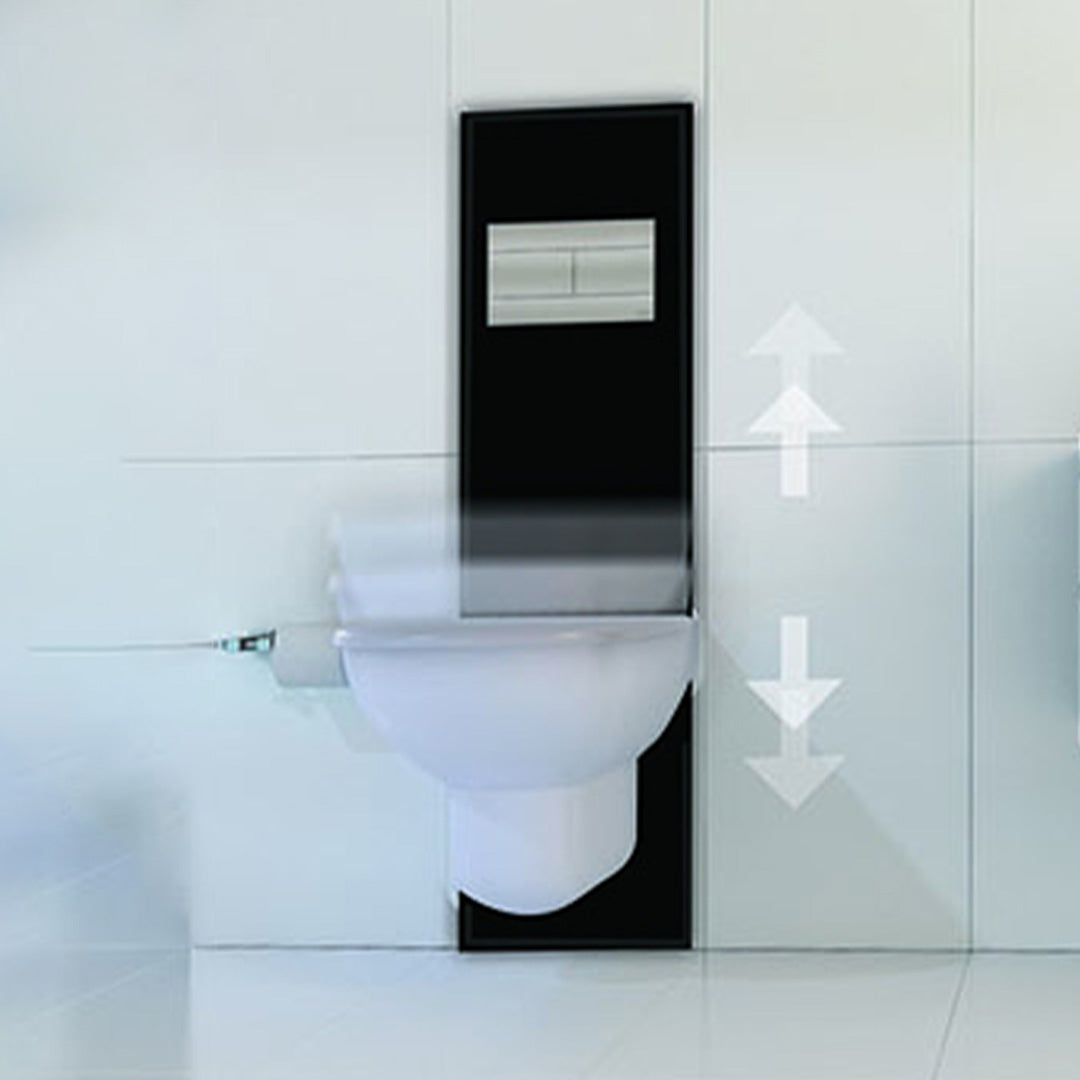 Adjustable black glass toilet flush tank mounted on the wall behind a white toilet, with height adjustment arrows indicating the vertical adjustment capability of the product.