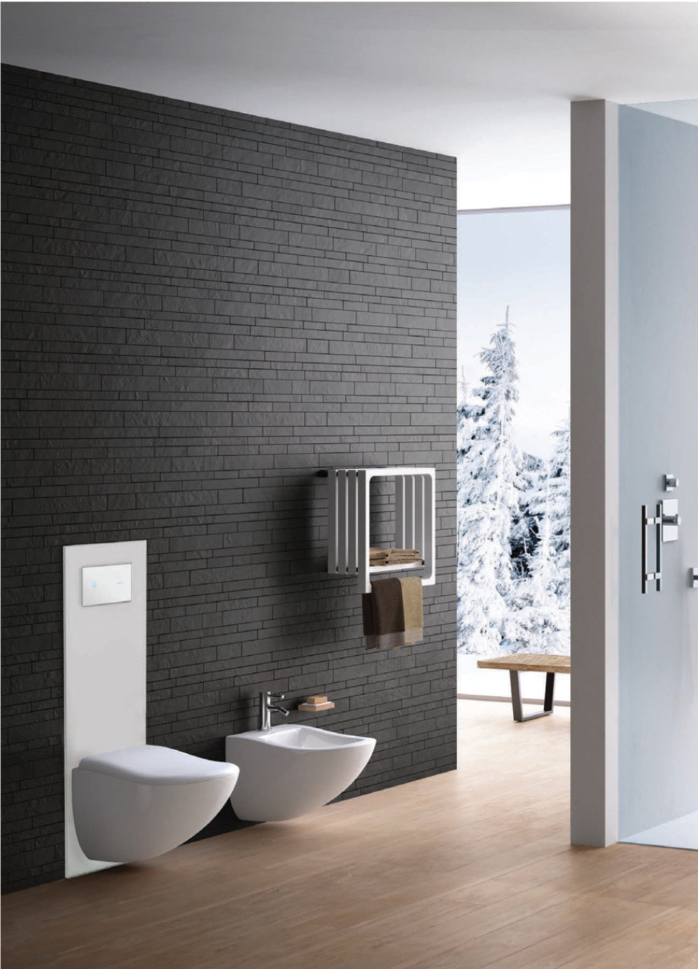 A white wall-hung toilet with an adjustable frame and a dual flush cistern, installed in a bathroom with dark gray walls and a visible snow-covered landscape through the window.