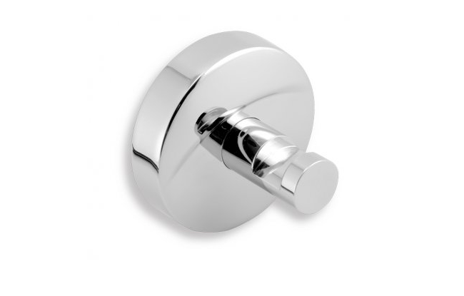 A silver-colored robe hook with a simple, modern design attached to a white wall.