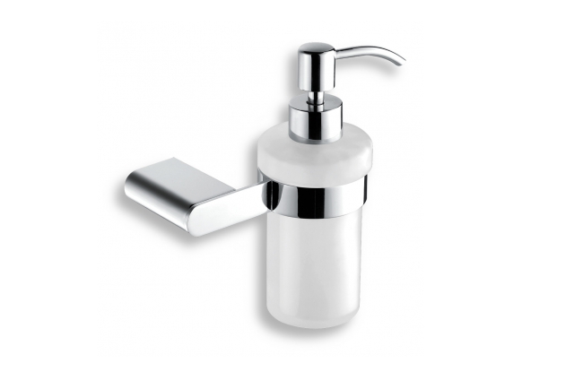 A white liquid soap dispenser with a chrome finish pump, typically found in a bathroom setting.