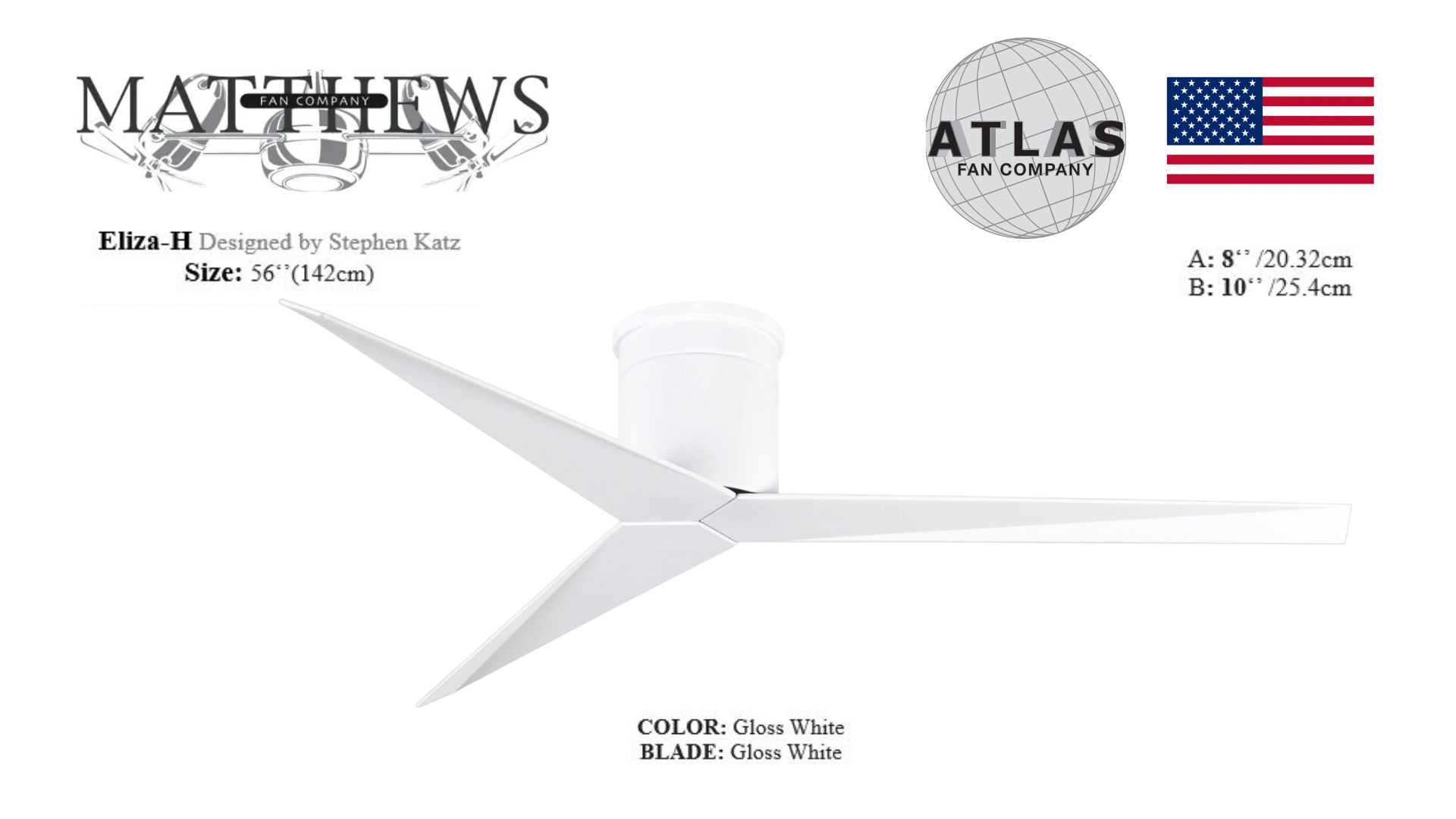 A gloss white ceiling fan with a distinctive blade design, featuring the Matthews and Atlas logos, and an indication of the fan's size in inches.