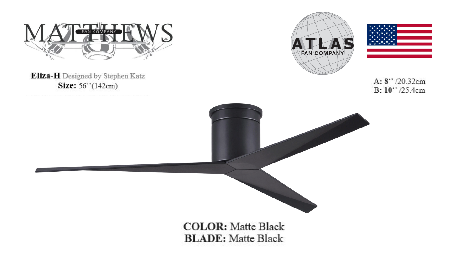 A matte black ceiling fan with three blades, designed in a modern style.
