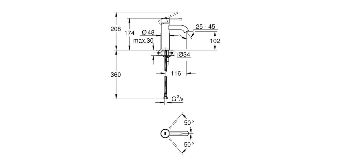 Grohe Essence basin mixer technical dimensions chart