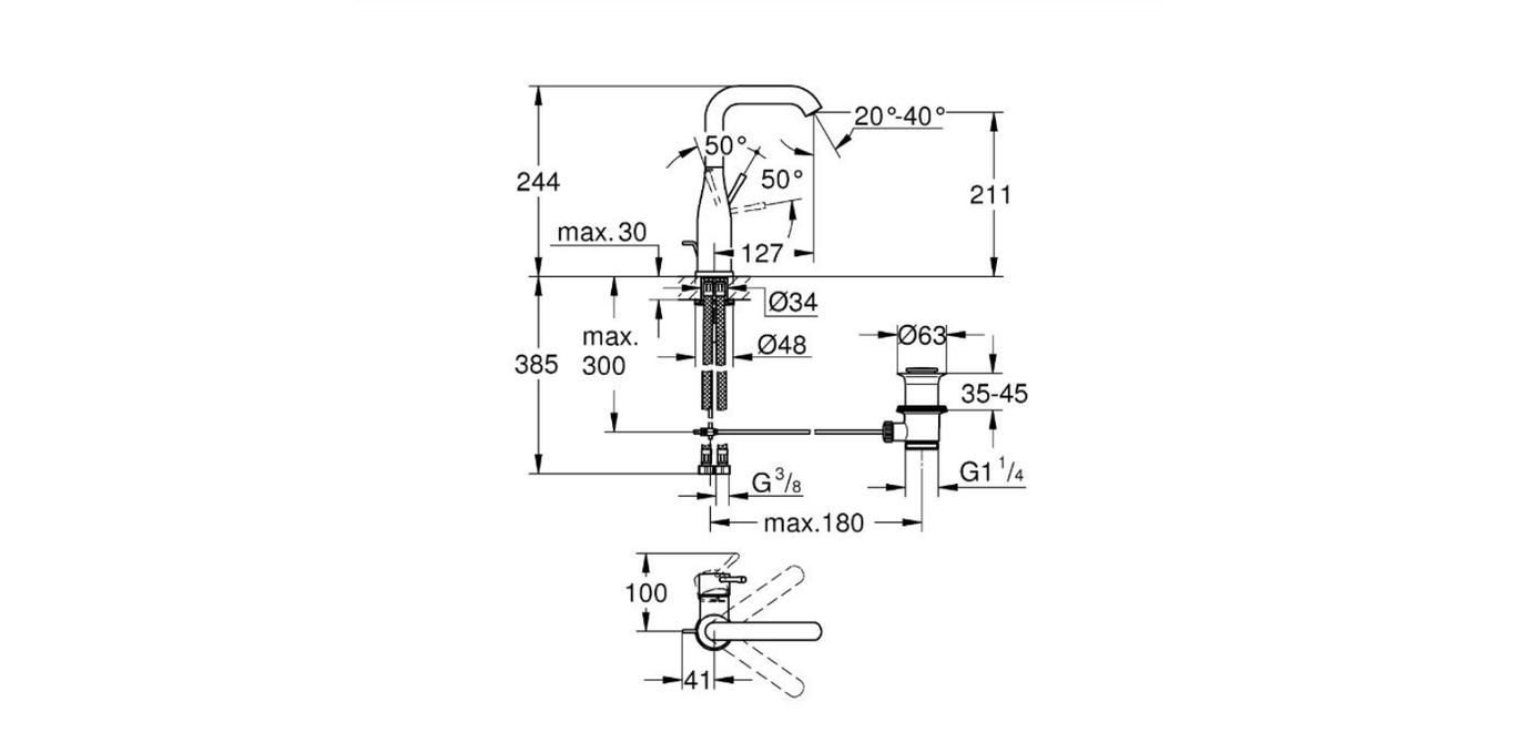Grohe Essence long height basin mixer technical dimensions chart