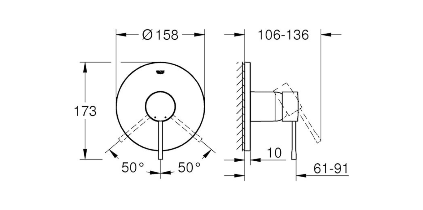 Grohe Essence single way shower mixer technical dimensions chart
